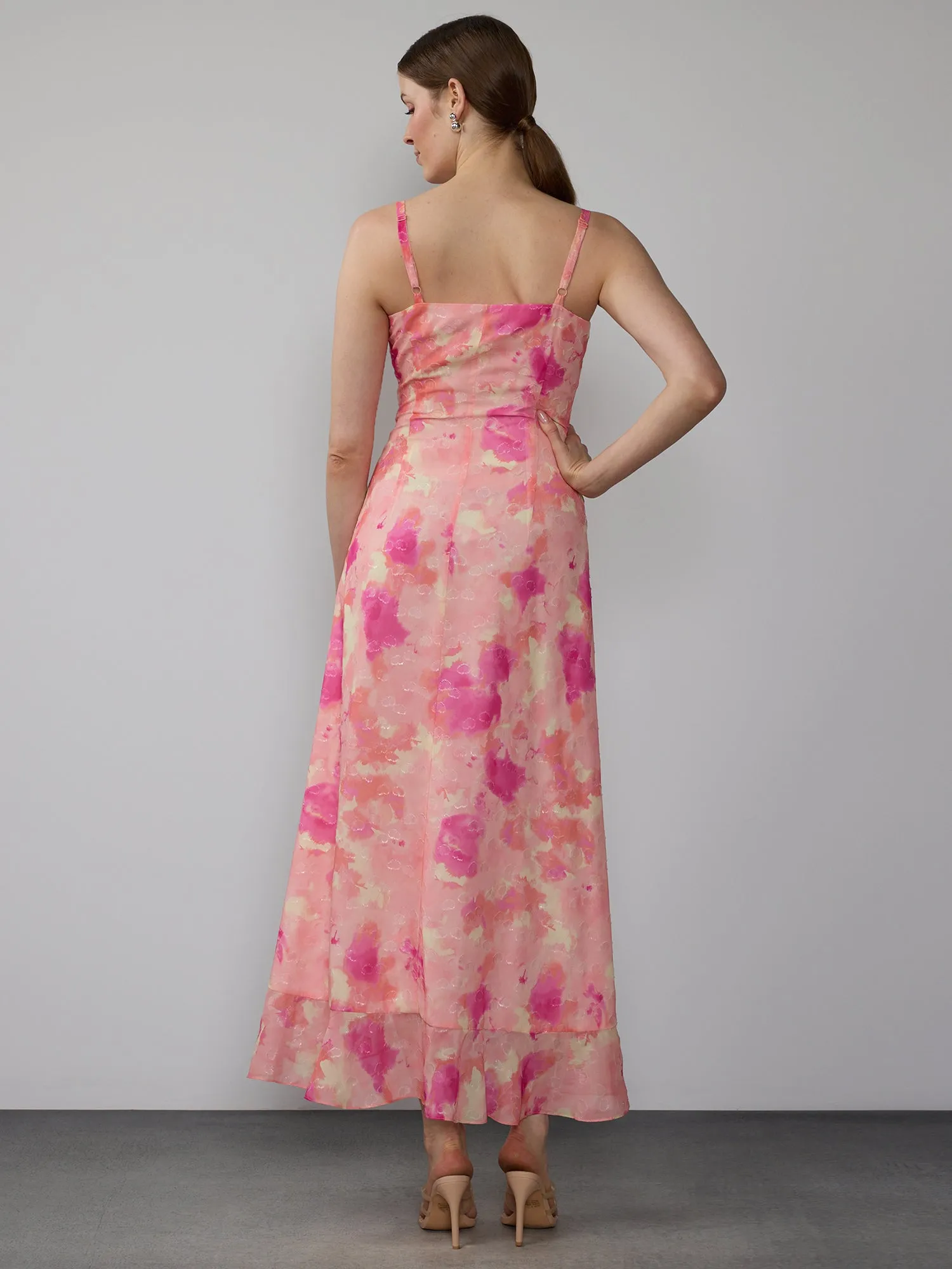 Sleeveless Metallic Ruffle Floral Maxi Dress