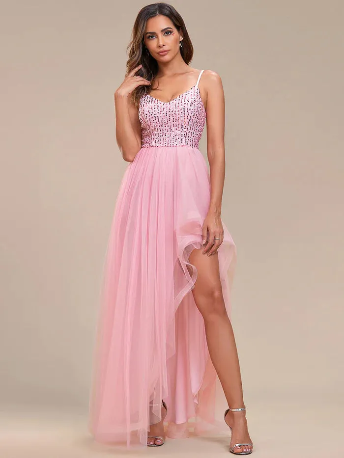 Spaghetti Straps Asymmetric Sequin Tulle Evening Dress