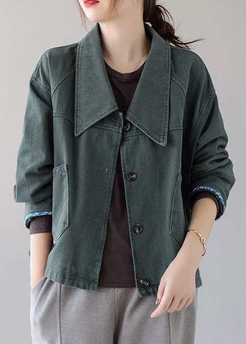 Vintage Green Button Patchwork Pockets Fall Denim Coat