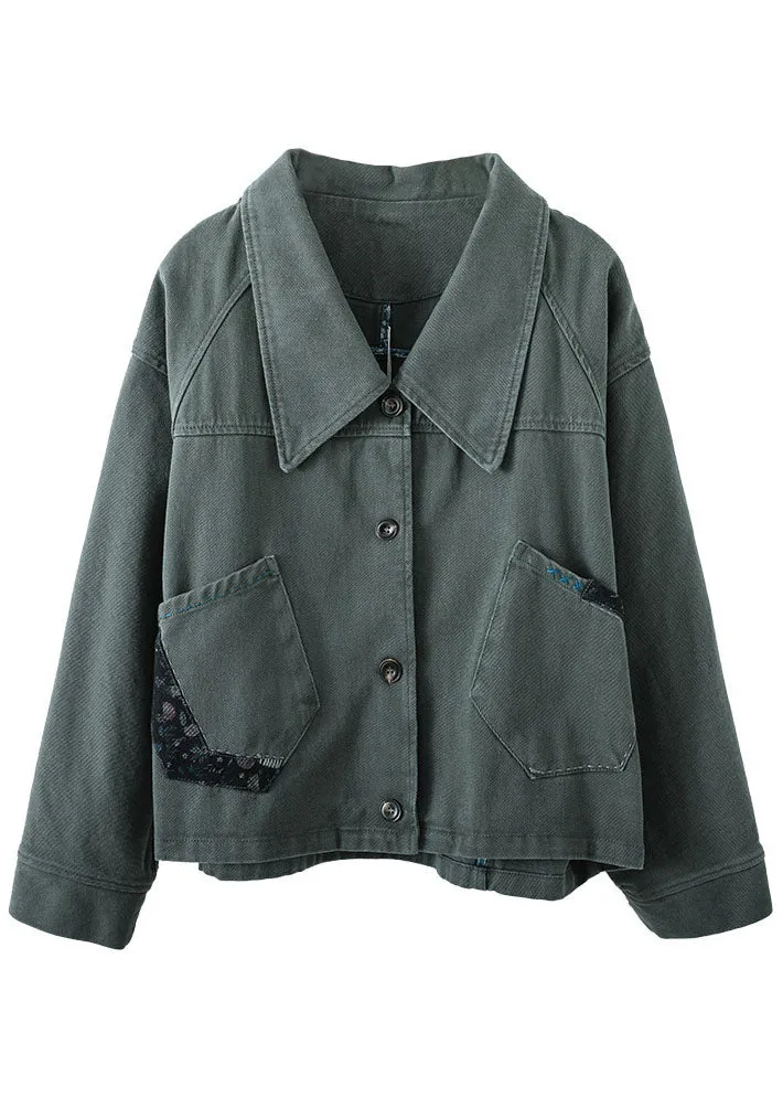 Vintage Green Button Patchwork Pockets Fall Denim Coat