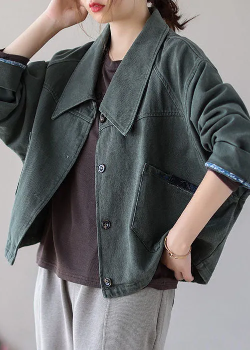 Vintage Green Button Patchwork Pockets Fall Denim Coat