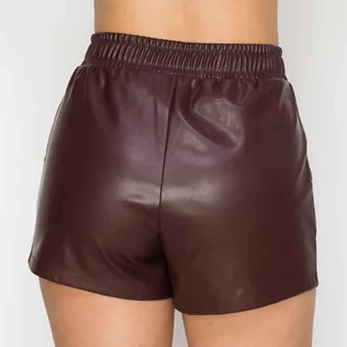 Women Burgundy High Rise Waist Leather Shorts