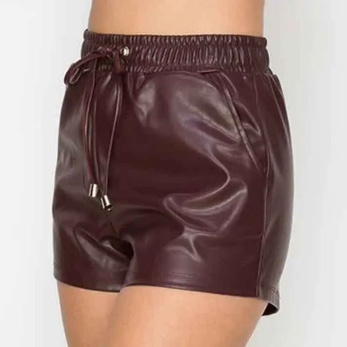 Women Burgundy High Rise Waist Leather Shorts