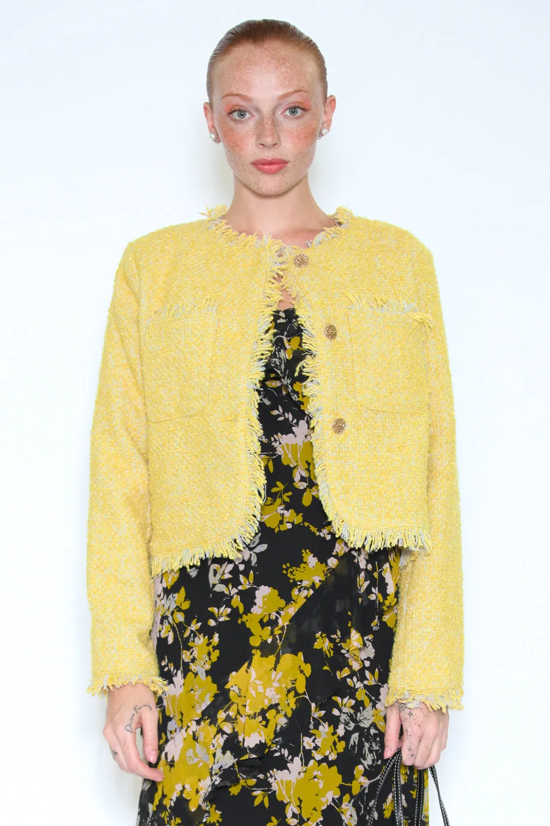 Wool Yellow Tweed Cropped Blazer