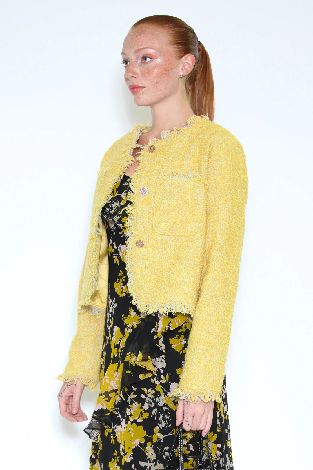 Wool Yellow Tweed Cropped Blazer