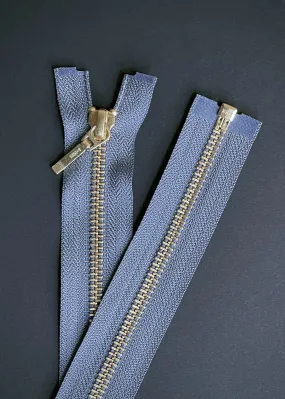 YKK, Open Ended Zip Drop Pull. Brass. Mid Grey. 100cm