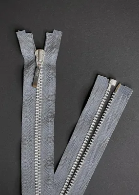 YKK, Open Ended Zip Drop Pull. Nickel. Mid Grey. 80cm